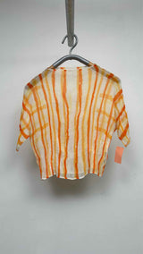 Issey Miyake S/S Pleated Striped Sheer Mock-neck Top