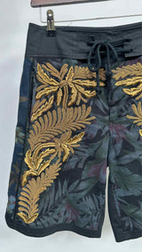 Dries Van Noten Gold Metalic Bullion Wide Embroiderded Shorts