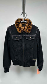 Louis Vuitton Fringed-seam Leopard-fur-collar Quilted-lined Denim Jacket