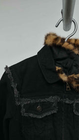 Louis Vuitton Fringed-seam Leopard-fur-collar Quilted-lined Denim Jacket