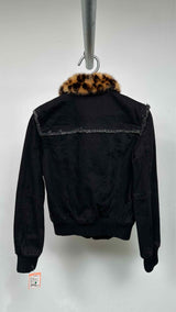 Louis Vuitton Fringed-seam Leopard-fur-collar Quilted-lined Denim Jacket