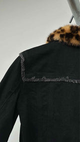 Louis Vuitton Fringed-seam Leopard-fur-collar Quilted-lined Denim Jacket