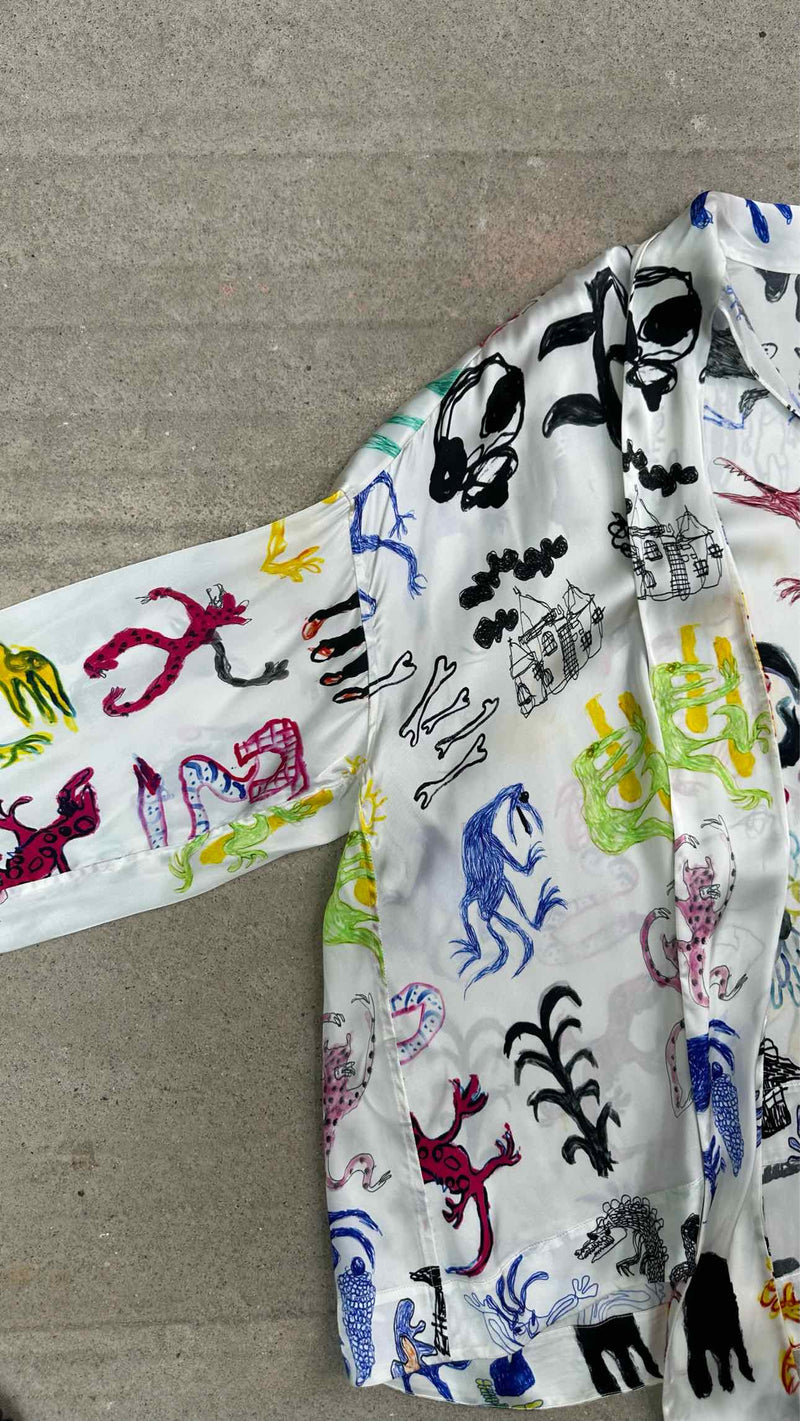Balenciaga Artist Doodle Graphic Satin Oversized Blouse