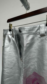 Zomer Rose-Print Metallic Leather Wide Shorts