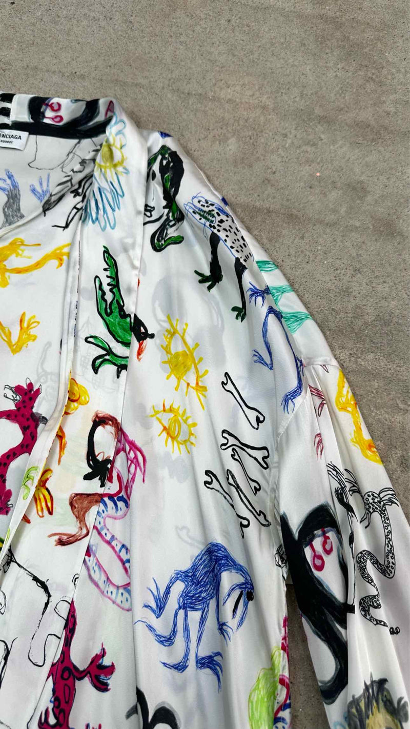 Balenciaga Artist Doodle Graphic Satin Oversized Blouse