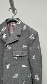 Thom Browne Melton Wool Animal-embroidered Classic Chesterfield Coat