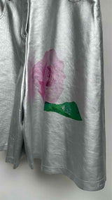 Zomer Rose-Print Metallic Leather Wide Shorts