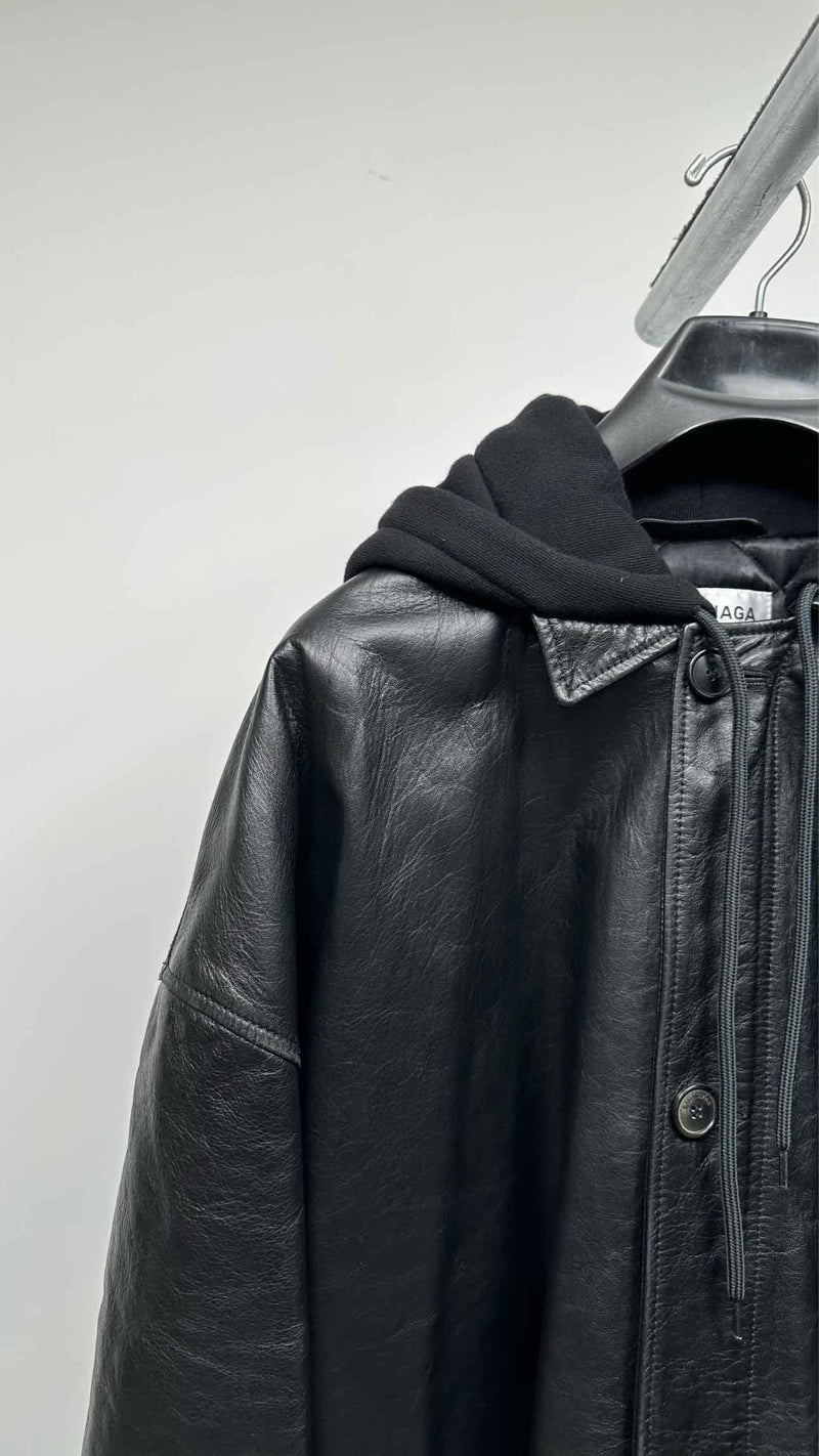 Balenciaga Quilted-lining Hood Layered Leather Coat