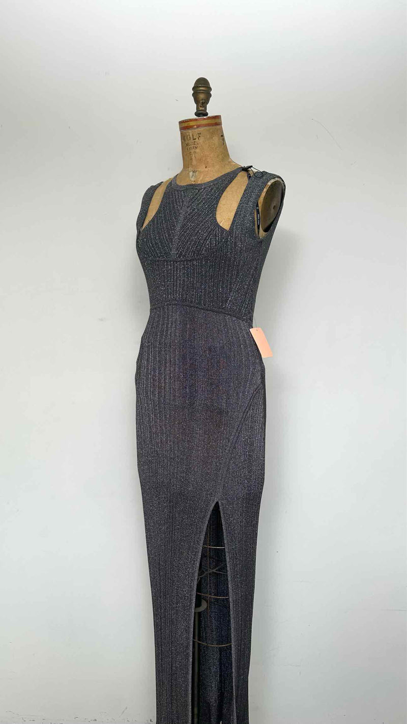 Herve Leger N/S Top-layered Metalic Rib Knit Long Dress