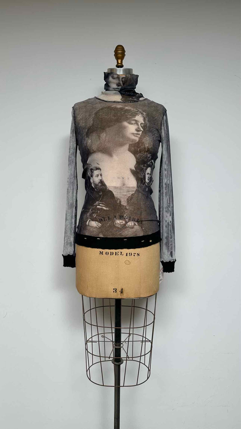 Jean Paul Gaultier Distressed High-neck Printed Mesh L/S Top