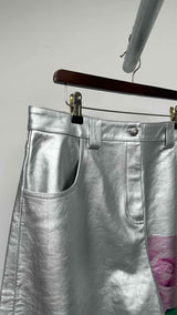 Zomer Rose-Print Metallic Leather Wide Shorts