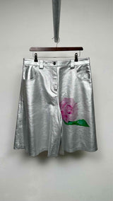 Zomer Rose-Print Metallic Leather Wide Shorts