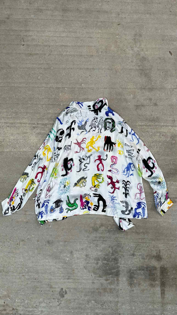 Balenciaga Artist Doodle Graphic Satin Oversized Blouse