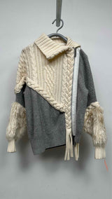 Sacai High-Neck Fur-Sleeve Asymmetrical Zip-Detail Sweater
