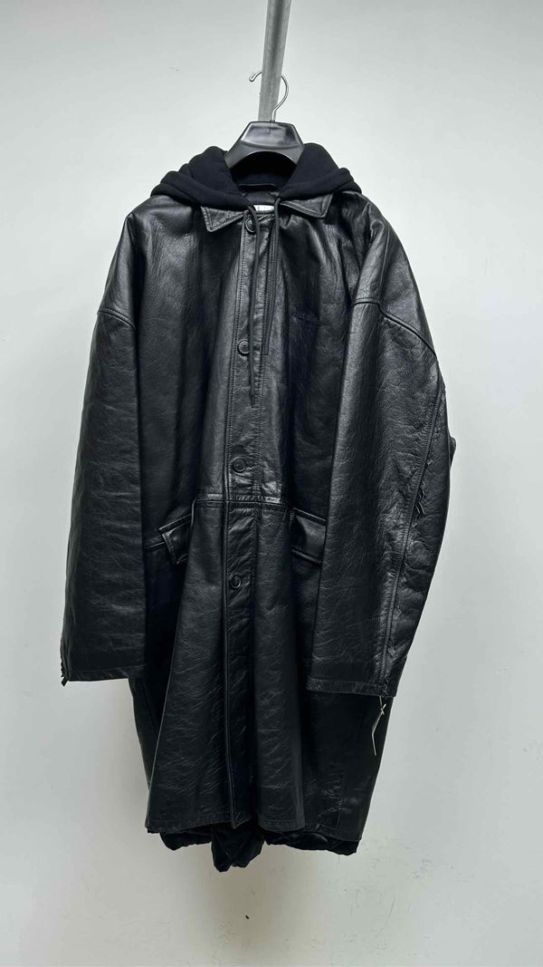 Balenciaga Quilted-lining Hood Layered Leather Coat