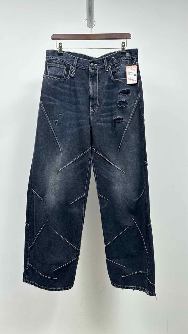 R13 Multi- Stitching Distressed Wide Jeans