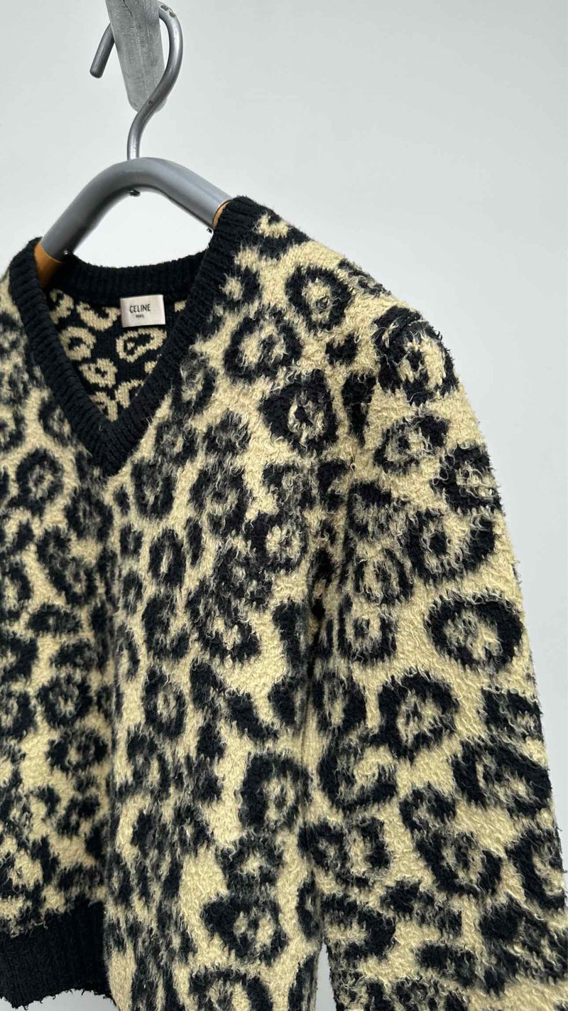 CELINE Inside-out V-neck Leopard Sweater