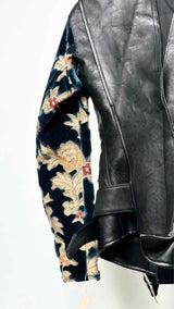 Junya Watanabe Floral-Velvet-Sleeve Reconstructed Faux Leather Jacket