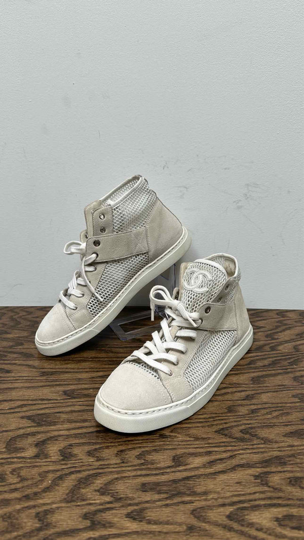 Chanel CC Logo Suede Mesh High-Top Sneakers
