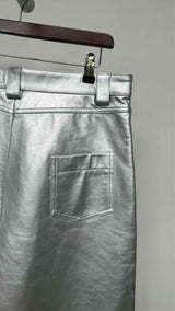 Zomer Rose-Print Metallic Leather Wide Shorts