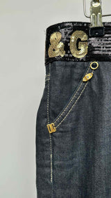 D&G Sequin Logo Waist Flare Waxed Jeans