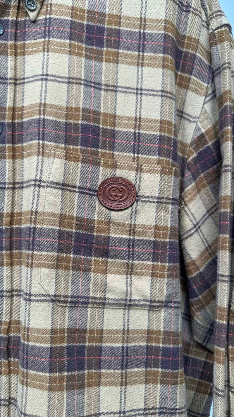Gucci Leather Logo Oversized Plaid Shirt