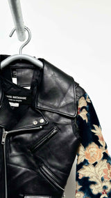 Junya Watanabe Floral-Velvet-Sleeve Reconstructed Faux Leather Jacket