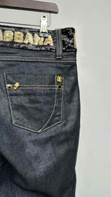 D&G Sequin Logo Waist Flare Waxed Jeans