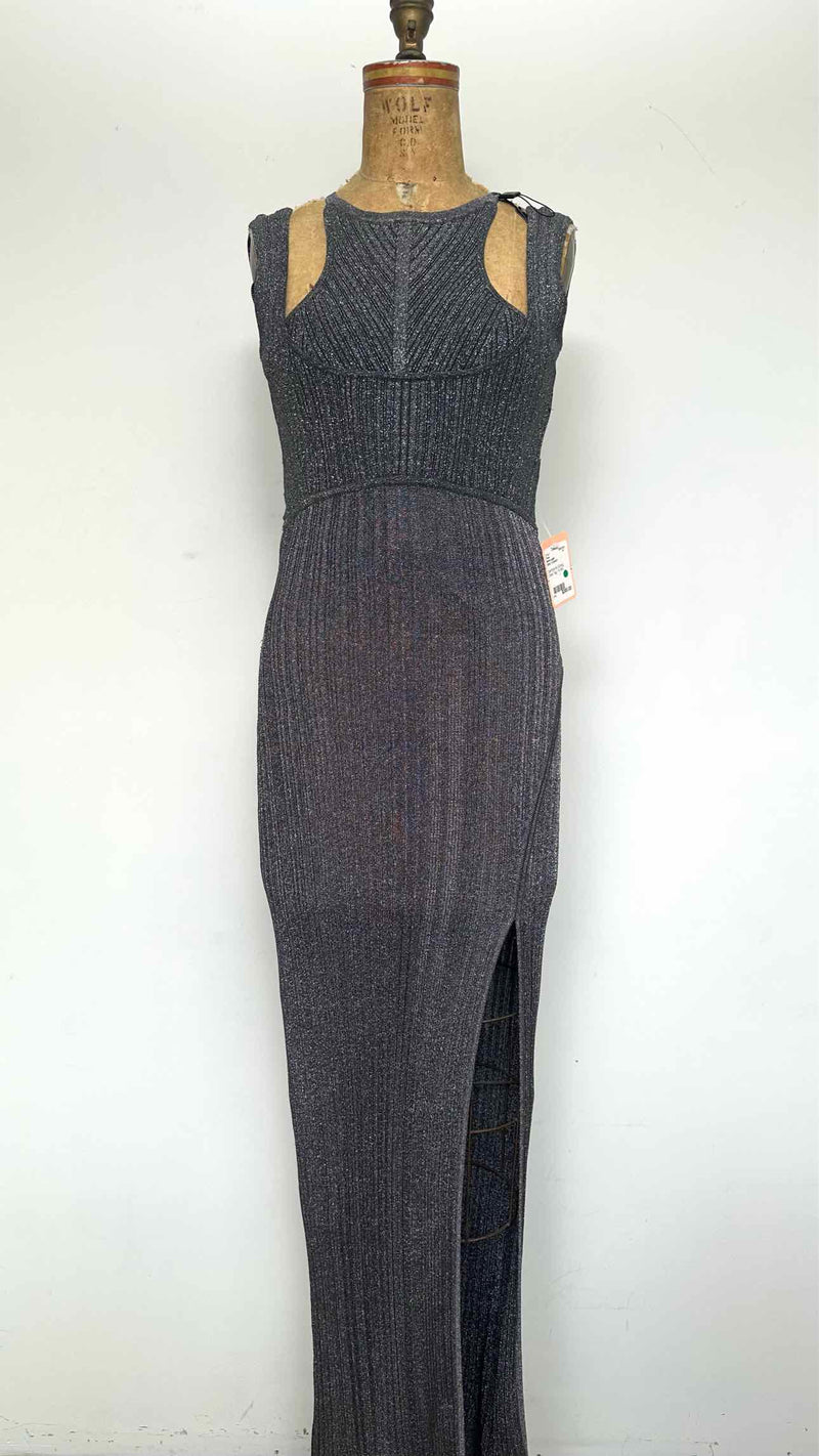 Herve Leger N/S Top-layered Metalic Rib Knit Long Dress