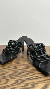 Bottega Veneta Square-Toe Inter-Woven Stretch Heel Sandals